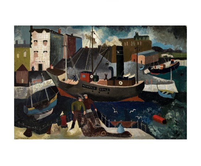 'Renwick Coals, Ship and Fishermen' by Suzanne Cooper (1916 - 1992) (A831) d Was 2.50, now 1.75