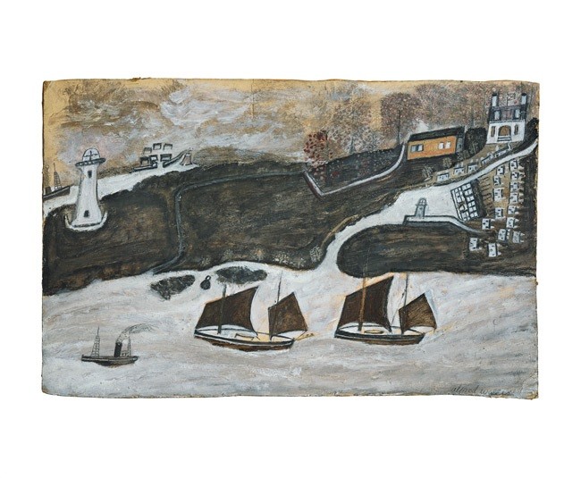 'Two Ships and Steamer Sailing Past a Port, Falmouth and St Anthony Lighthouse', c1931 by Alfred Wallis 1855-1942 (A132) (AD1884)