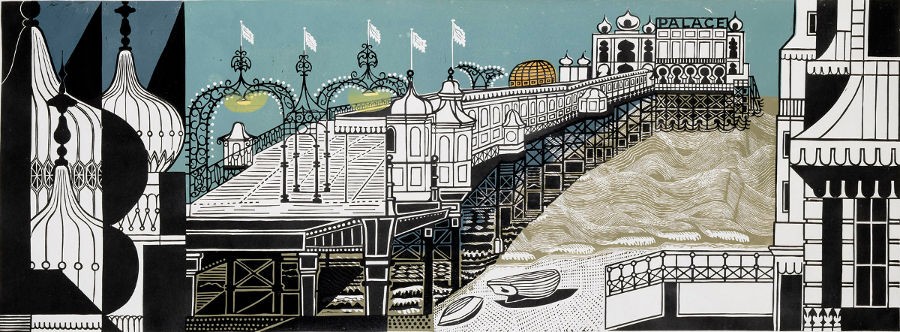 'Brighton Pier, 1958' by Edward Bawden (fold-out card - image on front and back) (W025)