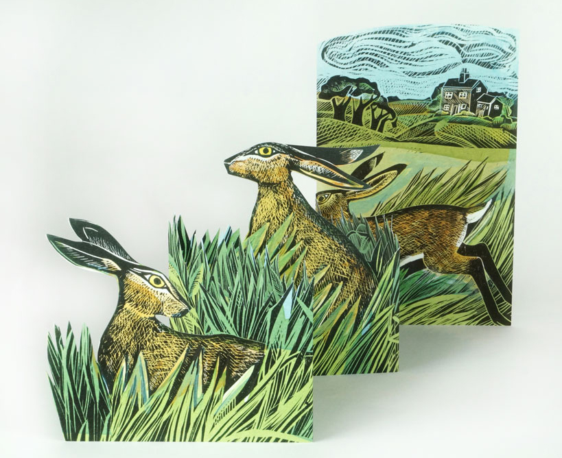 'Hares and Open Field' die-cut concertina card by Angela Harding