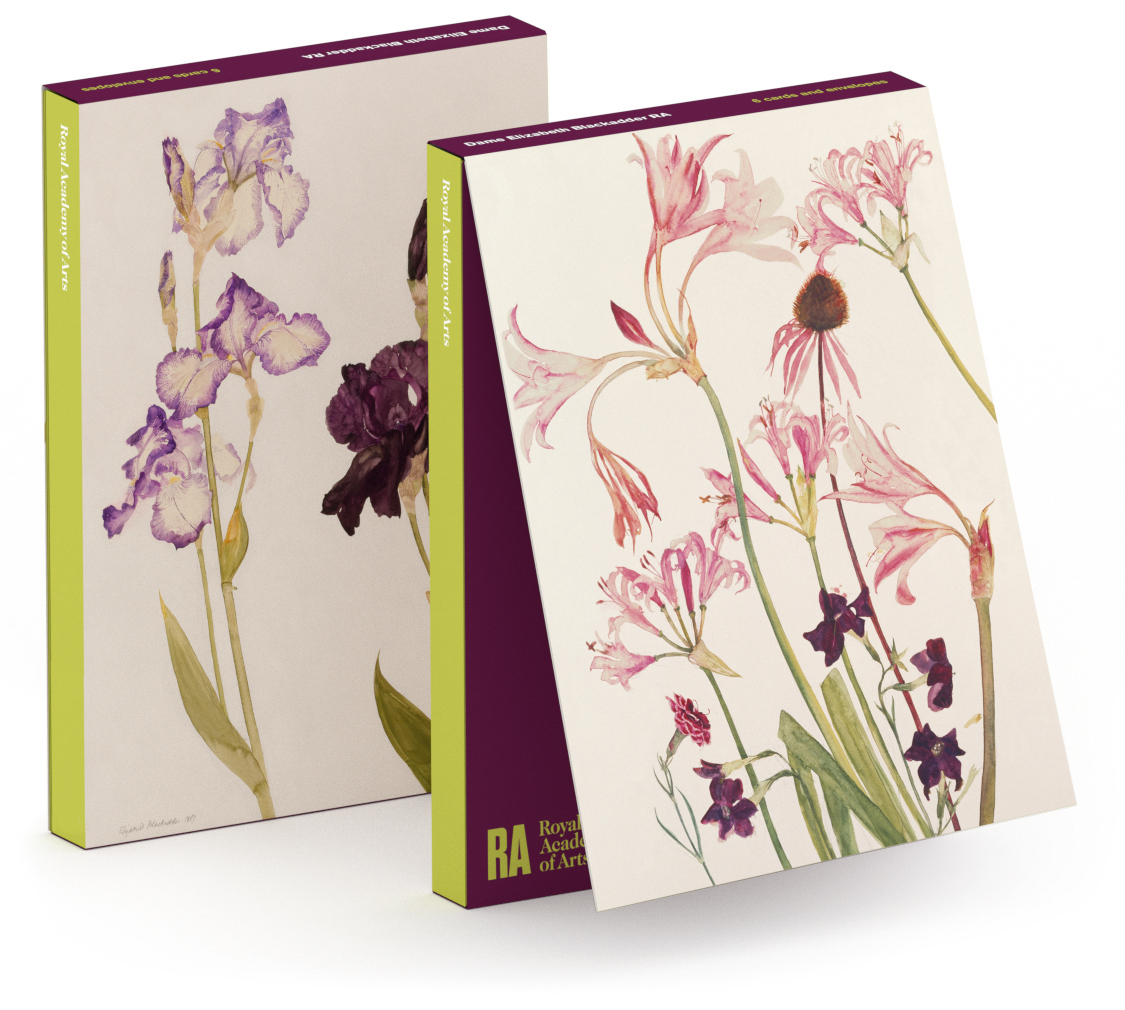 'Notecard Wallet' 3 x 2 designs ('Crinum Nerine & Other Autumn Flowers, 1998' / 'Irises, 1989') by Elizabeth Blackadder RA