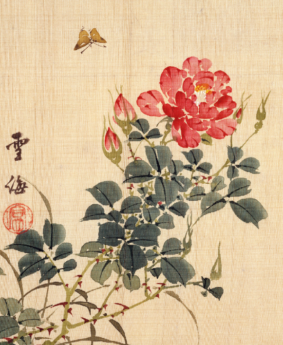 Rose and butterfly attributed to Sekkwai Painting on silk Japan, 1893 (V073) * 