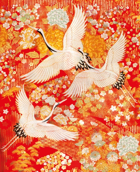 Kimono Cranes from a woven silk, Japan 1980-2000 (V156)