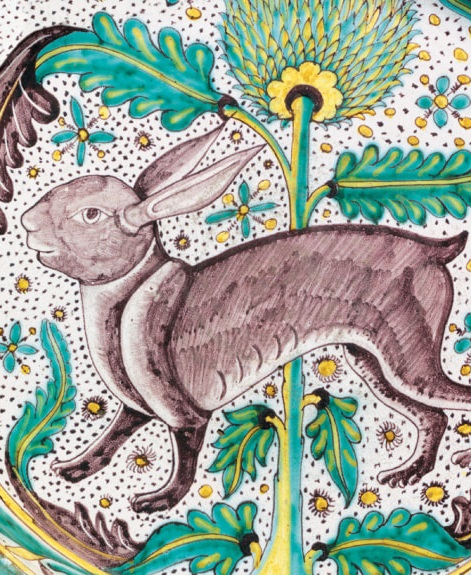 Majolica Hare & Artichoke, detail from a majolica dish, Italy c1450 (V166) 