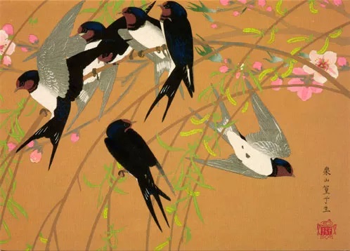 'Weeping Willow and Flock of Swallows, mid-Spring' by Tsuchiya Rakuzan (1896 - 1976) (B597)