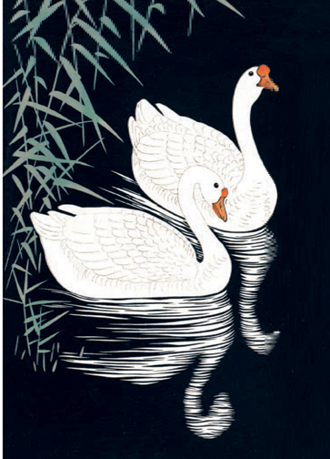 'White Chinese Geese Swimming by Reeds' by Ohara Koson (B462)