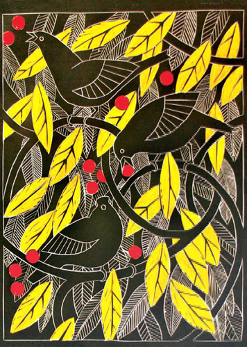 'Blackbirds in a crab apple tree' by Celia Lewis (B521) *