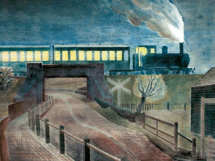 'Train going over a bridge at night' 1935 by Eric Ravilious (W072)