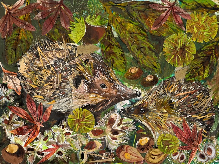 'Hedgehogs and Chestnuts' by Clare O'Neill (large collage card) (N002) 