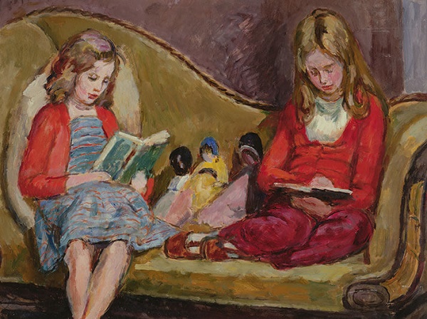 'Henrietta & Amaryllis Garnett on Sickert's sofa in Charleston studio' c1953 by Vanessa Bell (W116) * 